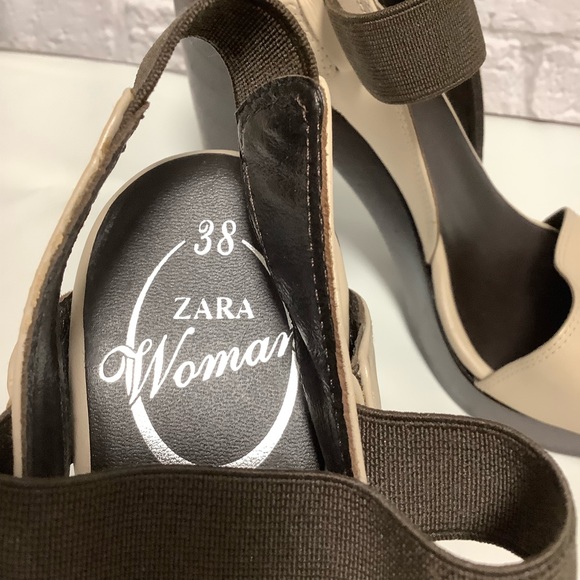 ZARA Shoes Cream and Brown Wooden Block Heels Sandals NWTOT Size 7.5 (EUR38) - Picture 5 of 10